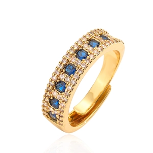 Anello aperto regolabile placcato oro 18 carati con zaffiri blu scuro e cristalli