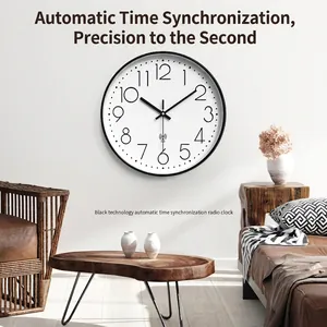 Modern 12 inch radio controlled wall clock with black frame and white dial for home decor