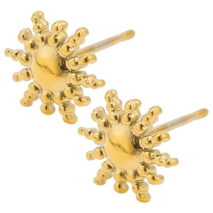 Macro detail of 304 stainless steel sun-shaped stud earrings in a polished gold finish