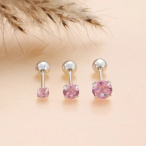 Three sizes of pink zircon screw back stud earrings set in silver stainless steel
