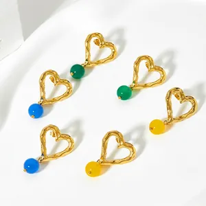 Heart Drop Earrings Stainless Steel Gold Plated Hammered Agate Bead Hollow Geometric Retro Jewelry For Women