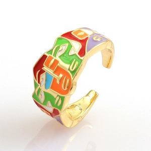 Detailed close-up of colorful enamel patterns on a gold-plated adjustable open ring