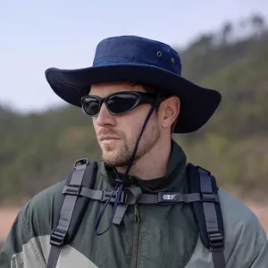 Dark blue wide brim sun hat with adjustable chin strap for outdoor hiking and camping