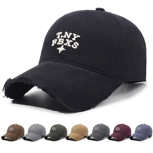 Washed Cotton Baseball Cap Distressed Frayed Edge Dad Hat Letter Embroidery Adjustable Metal Buckle Vintage Sun Hat