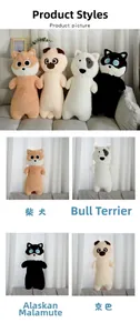 Detailed plush dog pillow skins showing Shiba Inu, Husky, and Terrier styles on a sofa