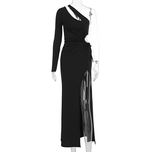 Detail of one-shoulder black dress with cutout design and ruched waist detail