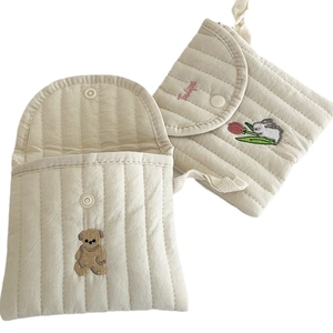 Quilted cotton sanitary pouch set with cute cartoon bear and tulip embroidery for women