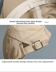 Detail of khaki cotton beret showing sweatband and adjustable metal buckle strap