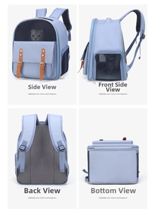 Detail view of a light blue breathable pet carrier with mesh windows and leather straps
