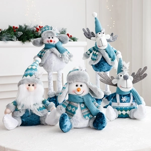 Christmas Plush Doll Knitted Velvet Telescopic Leg Santa Snowman Reindeer Gnome Nordic Blue Holiday Desktop Ornament