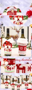 Close-up of knitted wine bottle cover with snowflake patterns and faux fur collar