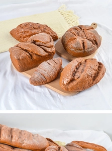 Detailed macro view of artificial PU rye bread models with realistic texture and flour dust