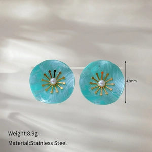 Detail of 42mm teal marble hoop earrings with gold sunburst and pearl in stainless steel