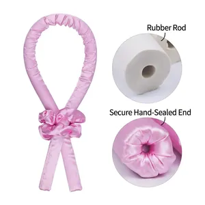 Pink silk heatless hair curler set with rubber core and handmade sealed stitching
