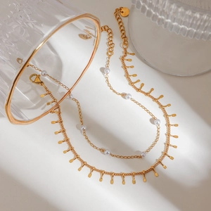 Double-layered 18K gold plated stainless steel anklet with pearls and vertical bar charms