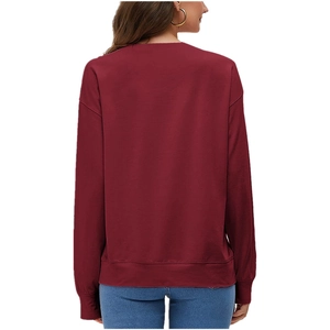 Back view of a loose maternity sweatshirt in burgundy with long sleeves and ribbed cuffs