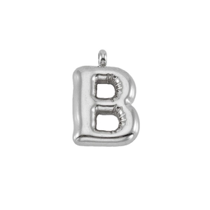 Macro view of silver puffy bubble letter B pendant with detailed stitching and metallic finish