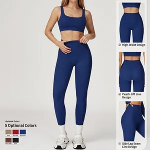 High-waist yoga set with blue sports bra and leggings featuring slimming side stitching