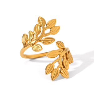 Detailed macro view of the golden olive leaf texture on this adjustable open ring
