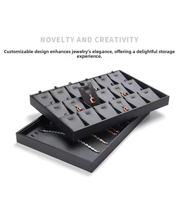 Close-up of dual-layer black PU leather jewelry tray with multiple slots for necklaces