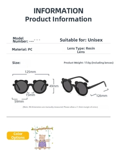 Detailed size chart for bear shaped kids sunglasses with full frame measurements