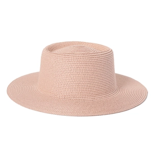 Close-up of the woven plant fiber texture on this pink wide-brim straw sun hat