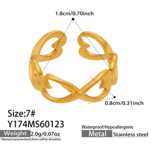 Detailed size specifications for a gold heart-shaped stainless steel open ring