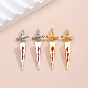Gothic dagger sword stud earrings in gold and silver with red blood drop enamel detail