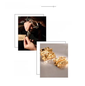 Detail of 18K gold plated wrinkled rectangular stud earrings with polished wavy texture