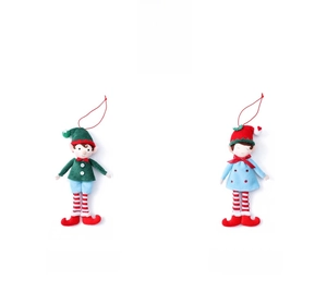Detail of plush Christmas elf ornaments with striped legs in red and green festive styles