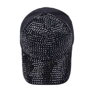 Detail of black baseball cap front panel featuring shiny rhinestones on black fabric