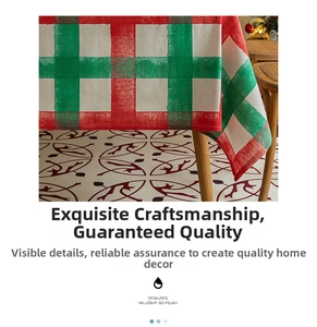 Detailed macro view of the festive red and green plaid thick woven linen tablecloth fabric