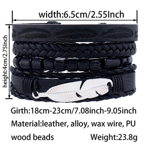 Detail view of multilayer leather bracelet with feather charm and size dimensions