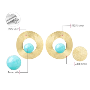 Minimalist geometric S925 sterling silver amazonite stone stud earrings with gold plating