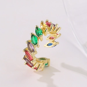 Marquise Cut Rainbow Zircon Adjustable Open Ring 18K Gold Plated Copper Dainty Fashion Jewelry For Women