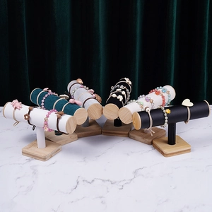 T-bar bamboo jewelry display stand for bracelets and watches with velvet finish