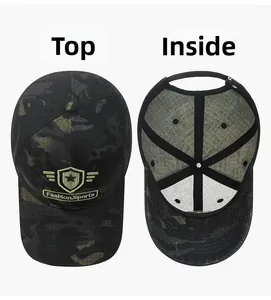 Detailed top and interior view of a camouflage baseball cap with Fashion Sports embroidery