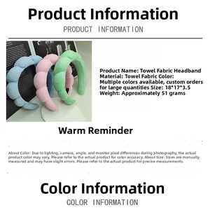 Terry cloth headband detail showing dimensions and colors for spa and skincare use