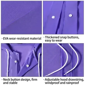 Purple EVA waterproof raincoat featuring reinforced snap buttons and adjustable drawstring hood