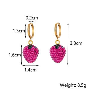 Chic gold stainless steel hoop earrings with pink crystal strawberry pendants 3.3cm height