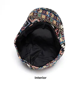 Detailed internal view of jacquard beret cap showing black lining and colorful patterns