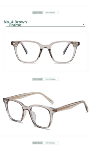 Vista frontal y lateral de monturas de gafas cuadradas marrón transparente con núcleo metálico