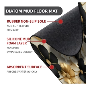 Detailed close-up of non-slip rubber backing and layered structure on floral bath mat