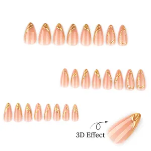 3D Gold-Relief Press-on-Nägel mit Nude-Basis und eleganten Perlen-Akzenten