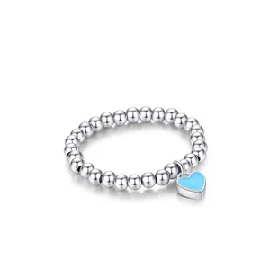 925 Sterling Silver Beaded Ring For Women Blue Enamel Heart Charm Adjustable Elastic Finger Ring Sweet Korean Jewelry Gift