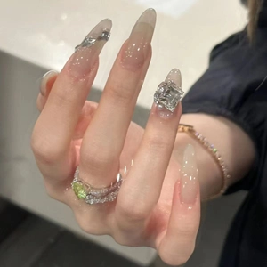 Press On Nails Long Almond Ice Grey Nude Artificial Diamond Rhinestone Inlaid Glossy Elegant Manicure For Women