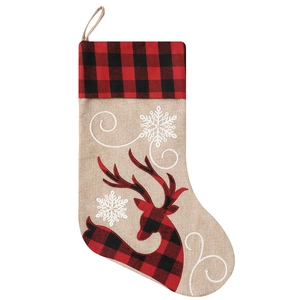 Classic burlap Christmas stocking with red plaid cuff and reindeer embroidery decor