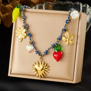 Bohemian Pendant Necklace Stainless Steel Woven Rope Heart Sun Flower Multi Charms Jewelry Women Summer