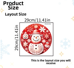 Detail of a 29x29cm round Christmas wall sticker featuring a snowman with a red scarf