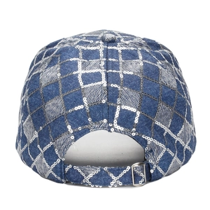 Blue denim baseball cap with silver sequins diamond pattern and adjustable metal buckle
